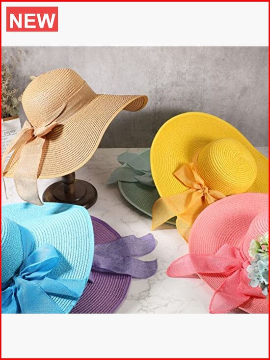 Set of 12 Wide Brim Straw Sun Hats Floppy Foldable Beach Cap main image 4
